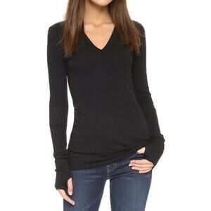 ENZA COSTA Cashmere Cuffed V-neck Top Women Small Black Long Sleeve Knit Tee NEW